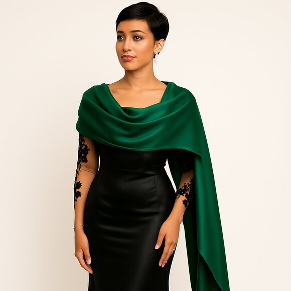 Green Satin Evening Shawl Wrap – Extra-Long 25.6 × 86.6 in Bridal Pashmina - Picture 3 of 4